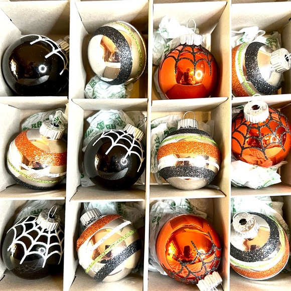 12 Halloween Radko Spider Web Glass Ball Ornaments Glitter Stripes - Picture 1 of 9